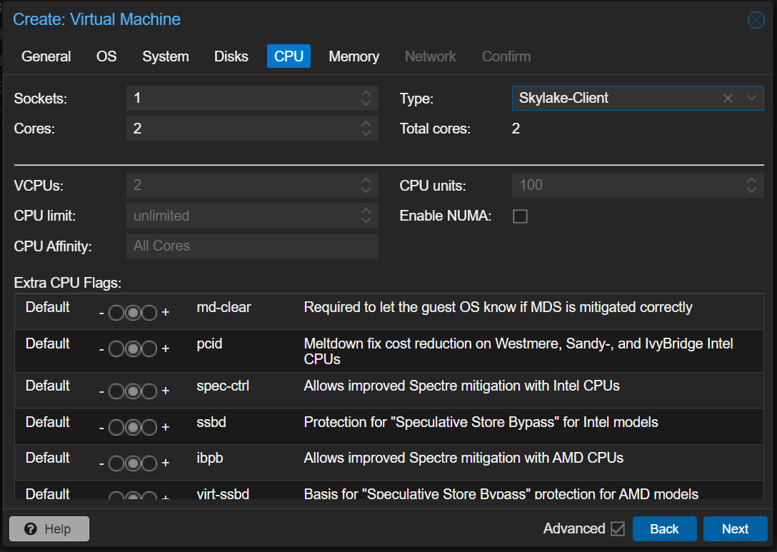 Proxmox Create Virtual Machine dialog showing the CPU tab selected. The Advanced checkbox is selected. Changes made to the options are setting Cores to "2" and Type to "Skylake-Client"