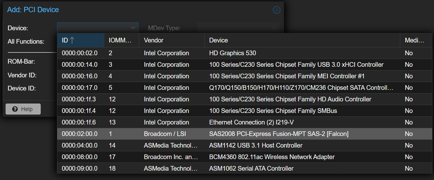 Proxmox dialog for adding a PCI device. The main dialog is obscured by the Device dropdown menu, with the Broadcom/LSI SAS2008 PCI-Express Fusion-MPT SAS-2 [Falcon] option highlighted