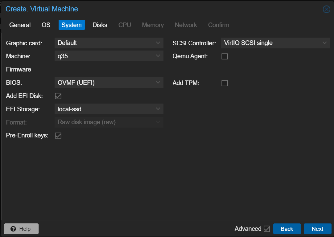 Proxmox Create Virtual Machine dialog showing the System tab selected. The Advanced checkbox is selected. Changes made to the options are setting Machine to "q35", BIOS to "OVMF (UEFI)" and setting EFI Storage to "local-ssd"